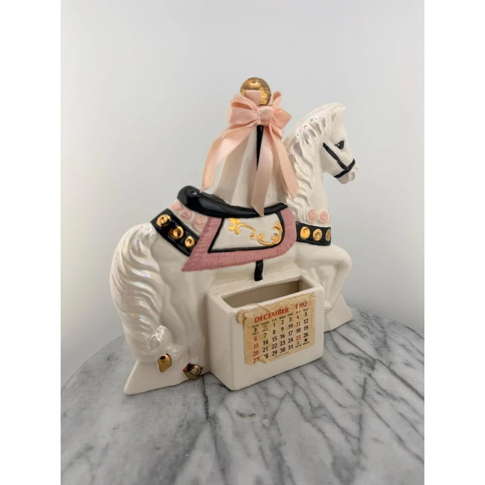 Vintage Ceramic Carousel Horse Calendar Iridescent Pink Gold Organizer Coquette